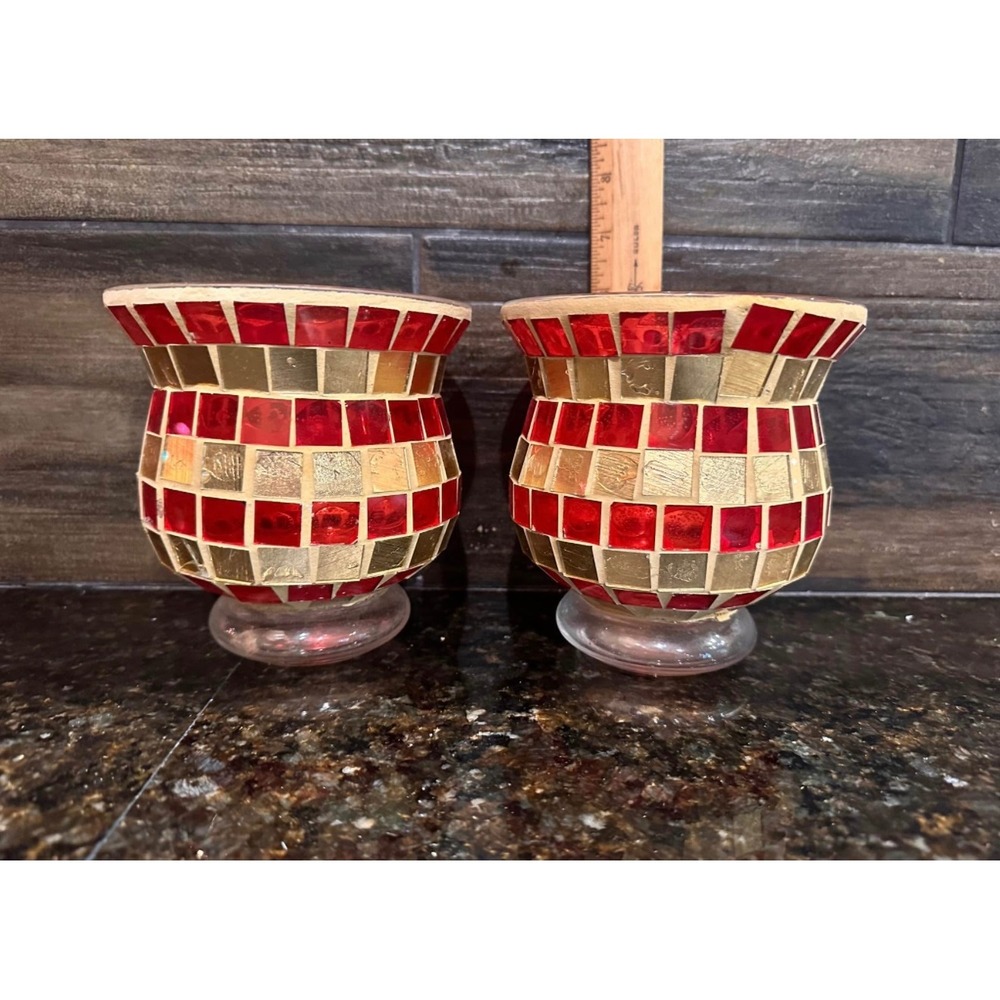 Mosaic Hurricane Candle Holders - Red and Gold